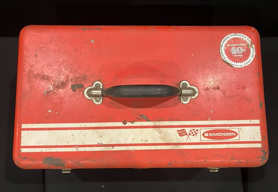 VINTAGE SIMONSEN RALLY LINE TOOL BOX Orange STEEL METAL 19" LONG - Image 2 of 4