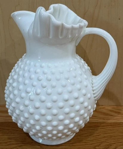 Vintage Fenton Hobnail White Milk Glass Pitcher With Ruffled Ice Lip
