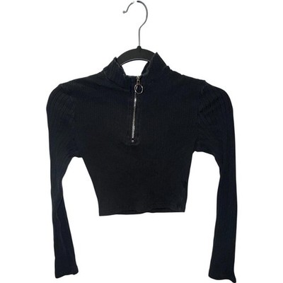 SHEIN Black Ribbed Long Sleeve Crop Top with Zipper