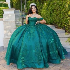 Emerald Green Quinceanera Dresses Shiny Lace Floral Applique Ball Gowns Sweet 16
