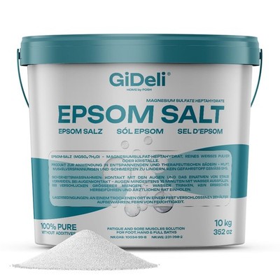 GiDeli Epsom Salz 10kg Eimer | Magnesiumsulfat Pharmaqualität Entspannungsbad