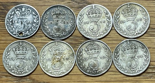 1861-1919 LOT of 8 GREAT BRITAIN 925 FINE SILVER 3 PENCE COINS