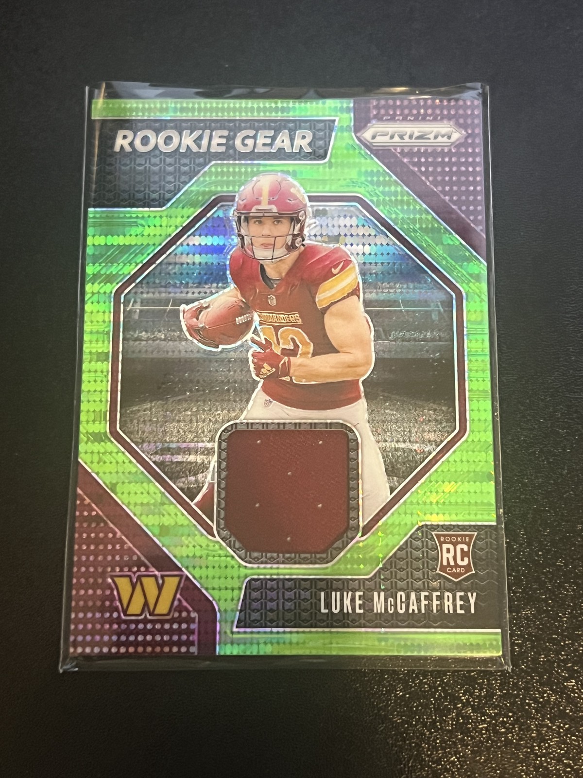 2024 Panini Prizm #RG-LMY Luke McCaffrey Rookie Gear Neon Green Pulsar