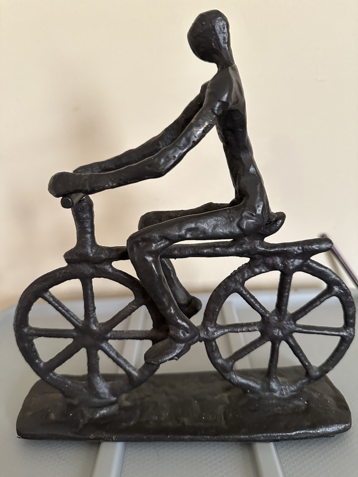 HEAVY vintage cast iron handmade person riding bike statue 9