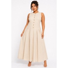 PrettyLittleThing Natural Linen Look Button Down Dropped Waist Maxi Dress 10