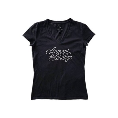 Armani Exchange Women's Black V-Neck Short Sleeve Rhinestone Logo T-Shirt S