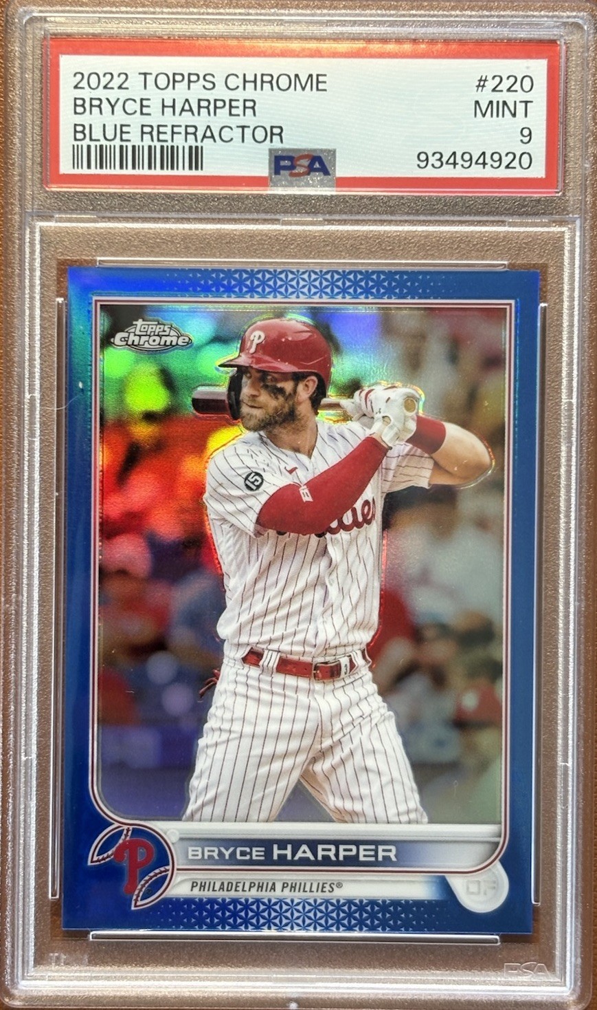 2022 Topps Chrome Bryce Harper #220 True Blue Refractor  /150 PSA 9