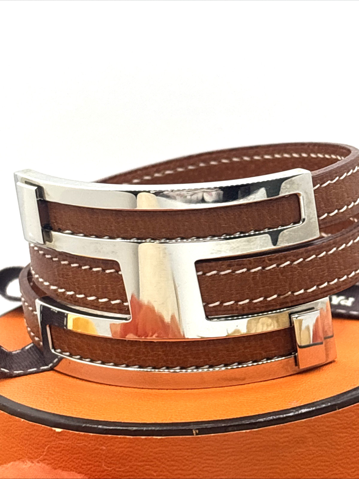 HERMES Pousse Pousse Silver Logo Double Wrap Bracelet Tan Brown Leather RARE image 6