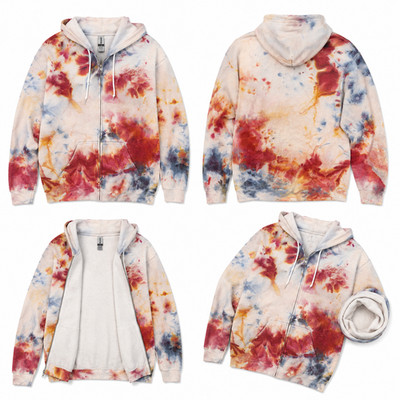Handmade Ice Dye Tie Dye Cotton Full Zip Hoodie Jacket Red White Blue USA 7880