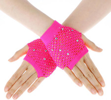 Fishnet Gloves Fingerless Fish Net Gloves with Rhinestone,Glitter Fashion Neon M