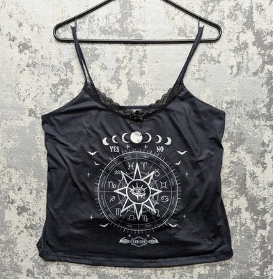 ROMWE Women's Black 1XL Tank Top Lace Trim Zodiac Print Cotton Chest 36'' GUC