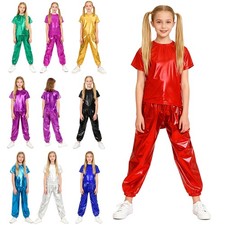 US Modern Jazz Hip Hop Dance Outfit for Kids Boys Girls Shiny Metallic Pants Set
