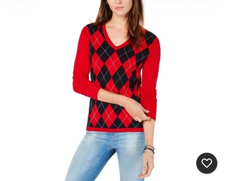 Tommy Hilfiger Red Essential Argyle Knit Long Sleeve Sweater Size S/P