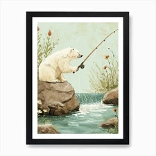 Polar Bear Fishing In A Stream Stor Framed Wall Art Poster Canvas Print Picture