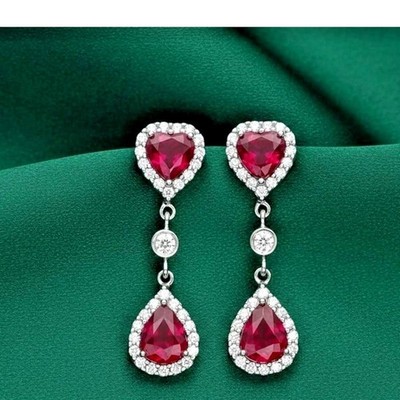 Heart Cut Simulated Red Ruby Pretty Drop/Dangle Earring In 14k White Gold Plated