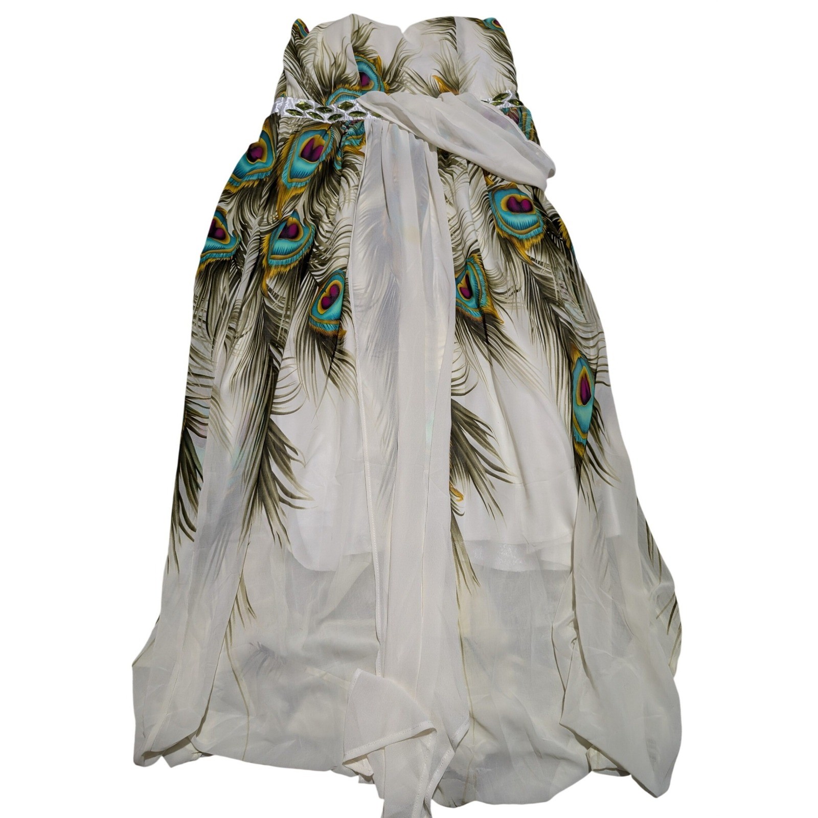 Maxi Vestido Sin Tirantes Estampado Pavo Real Angel Fashions Cintura Joya Nuevo con Etiquetas XXL