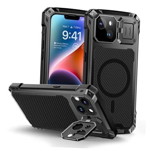 Lanhiem Magnetic iPhone 14 Metal Case, [Built-in Camera for iPhone 14 Black