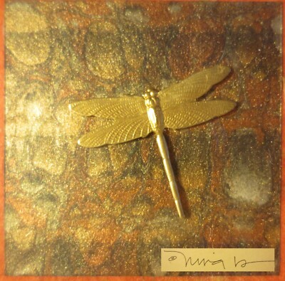 SIGNED! MIRA B. ''GOLD DRAGONFLY'' 3-D METAL SCULPTURE, BAMBOO style FRAME w GLASS