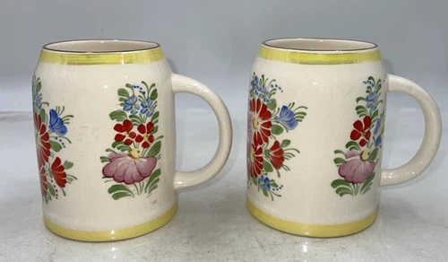 VTG Pottery Mug Chodovia Domazlice Czech Hand Painted Floral Folk Art Set of 2