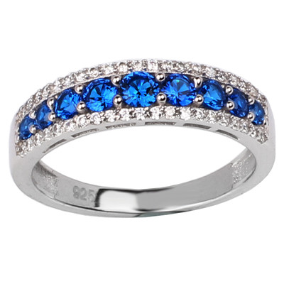 Classic Sterling Silver Band Ring Women Blue Sapphire CZ