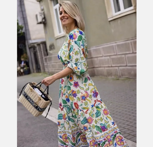 ZARA WOMAN PRINTED LINEN BLEND KNOTTED DRESS MULTICOLORED | 3313/478 S NWT - Picture 8 of 15