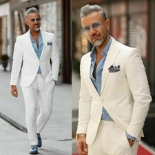 Men's Linen Suit Summer Casual Beach Prom Dinner Leisure Tuxedos Wedding Suits