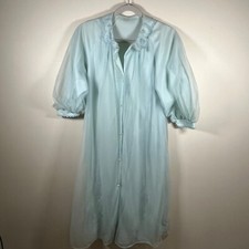 Vintage Aqua Blue Nylon House Coat /Robe With Lace Embroidery Size Medium