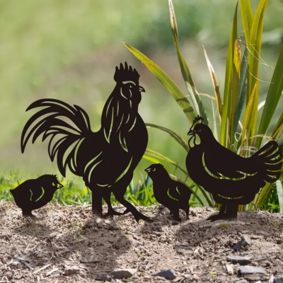 4 Stück schwarz Metall Huhn Familie Garten Ornament Figur Henne Hahn & zwei Küken