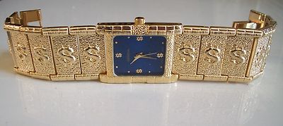 MEN'S DRESSY GOLD FINISH/BLUE DIAL GENEVA NUGGET $ SIGN FASHION HIP HOP WATCH