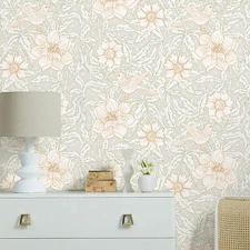 Jiffdiff Wallpaper Gray Flower&Bird Sticker Peel and Stick Vinyl Decal 17.3X480"