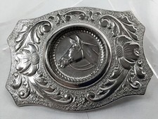 Vint Horse Head Belt Buckle On Silver Color Ornate Framing Moveable Centerpiece