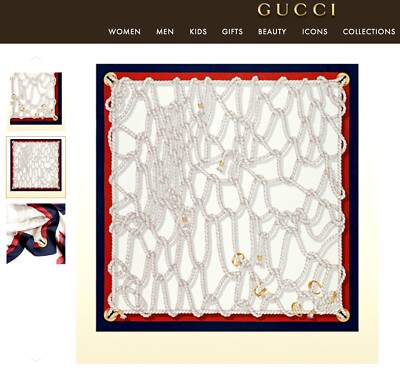 Gucci Silk Wrap GG Logo White Ropes Print Red Blue Border Unisex