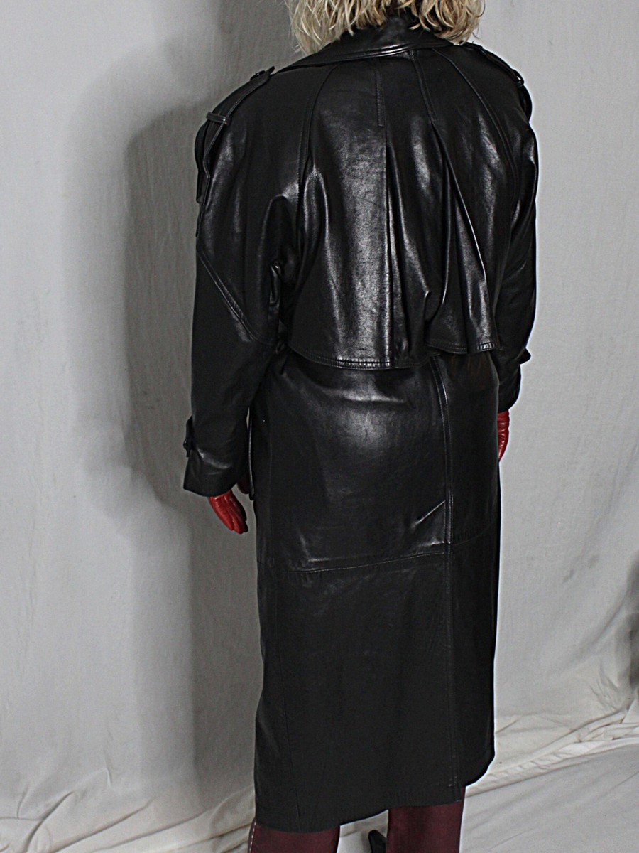 Womens Leather Trench Coat Black S-M-L Long SOFT Lambskin Vintage