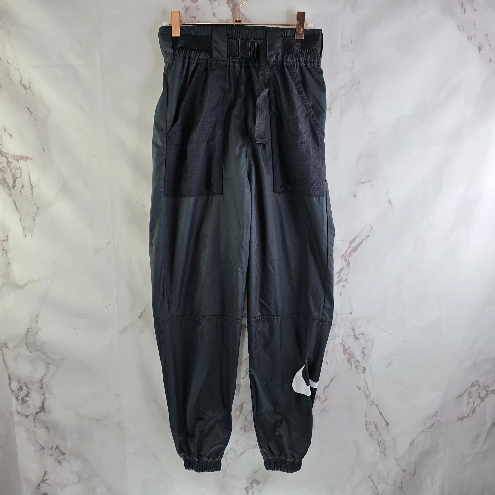 Nike Pants Women XS Black Windbreaker Track Swoosh Jogger Tapered Belted