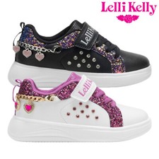 Lelli Kelly Girls Trainers White Black Heart Charm Chain Bracelet Shoes LK4400