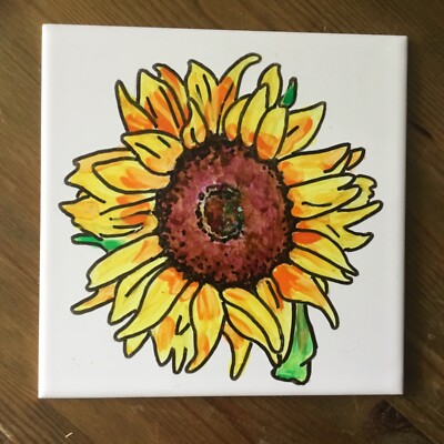 Sonnenblume Keramik Wandfliese handbemalt 6x6'' Unikat