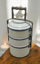 Vintage Ferro Vasellame Smaltato Tiffin Cibo Scatola Originale Old Mano