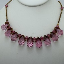 VINTAGE ART DECO GILT BRASS PINK BRIOLETTE CZECH GLASS NECKLACE