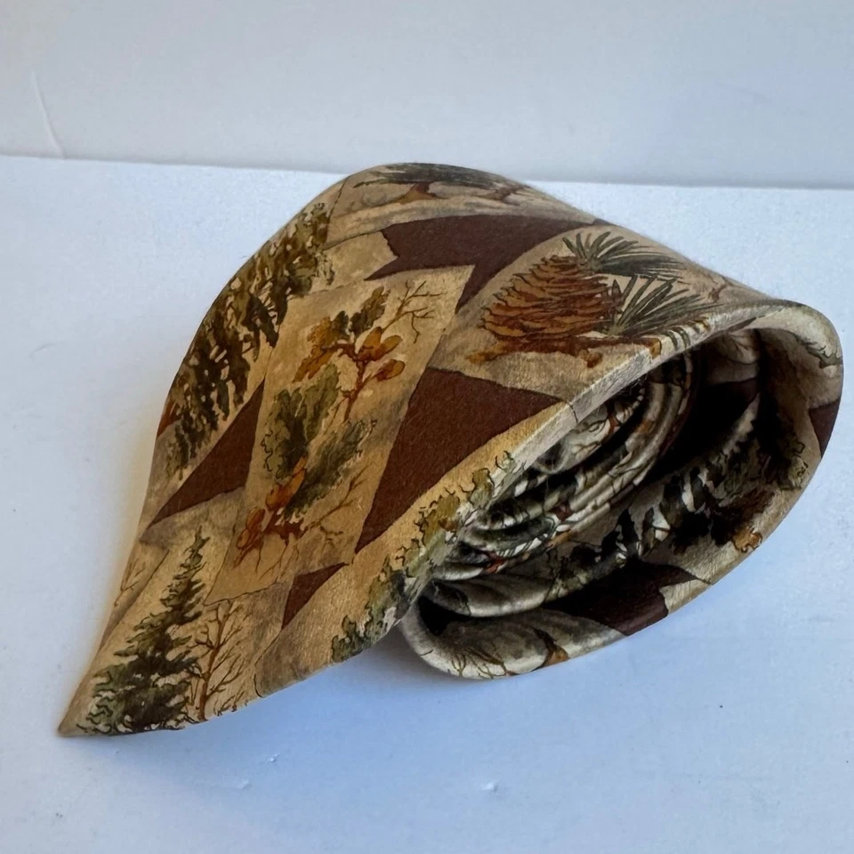 Oscar De La Renta Mens Silk Necktie Wood Cream Brown Tie Trees Nature Forestry - Image 2 of 4