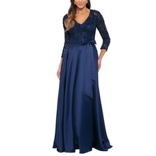 XSCAPE Women's Formal Dress Size 4 Blue Lace and Satin Long Sleeve A-Line Gown