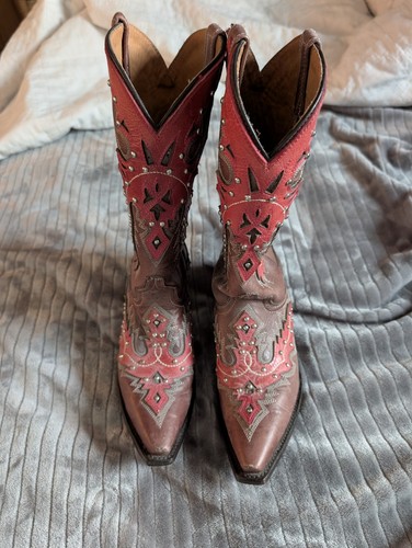Cowboy Pro Handmade Western Boots Brown Red Embroidered Studded Women's  Size 8