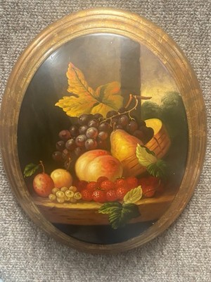 Vintage handbemalte Stillleben Obst ovale Plakette lackiert Holz konvex 32 cm