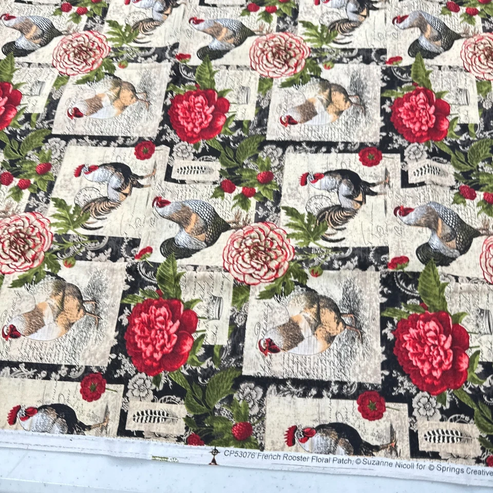 springs creative fabric quilting cotton green red rooster roses 43x69 1.9 yard - Image 3 of 4
