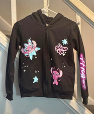 Disney Stitch Angel Graphic Full Zip Fleece Hoodie Black Kids Size 14