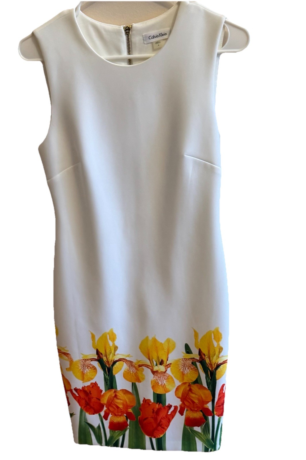 Calvin Klein Sleeveless Dress Womens 4 White Floral Stretch Sheath Lined Peony