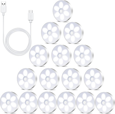 Hortsun 16 Pcs LED Rechargeable Motion Sensor Lights Powered USB Smart Stair Clo
