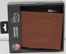 NFL Bills Wallet Mens Genuine Leather RFID Brown Embossed Passcase Bi-Fold NEW