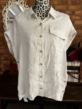 CABI Linen Blend Tunic Blouse (M) Oversized Beach Classic Shimmer White Stripe