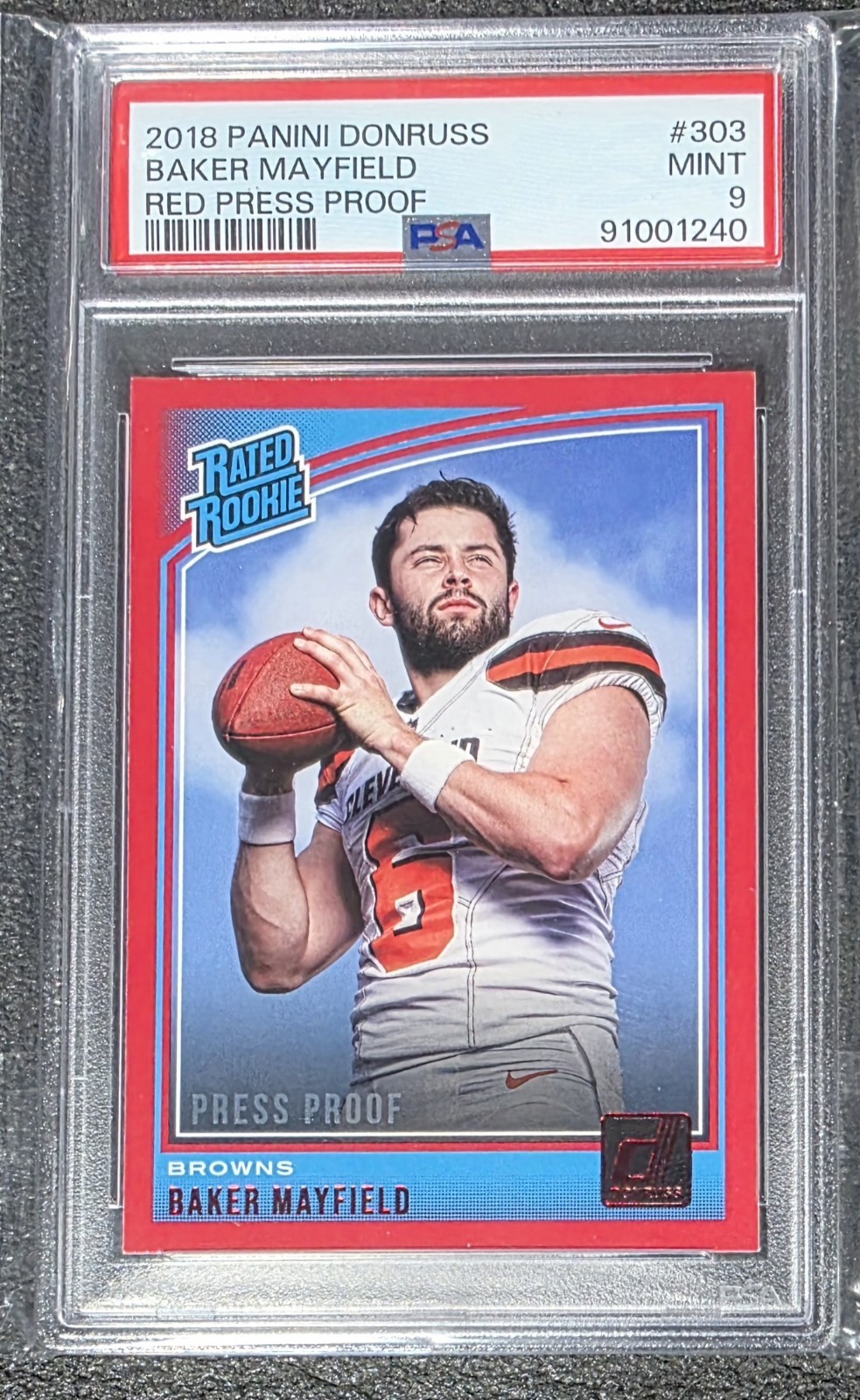 2018 Panini Donruss Rated Rookie Baker Mayfield #303 Press Proof Red PSA9 RC