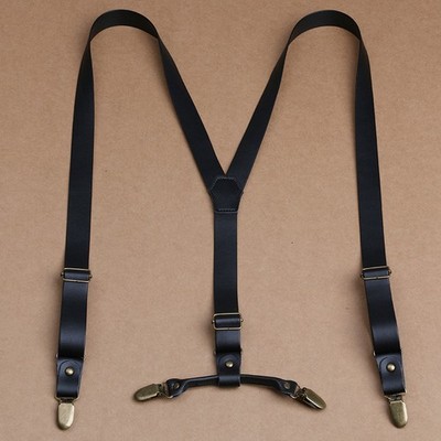 Vintage Suspenders Strap 4 Clip 2.5cm Wide Removable Braces Heavy Faux Leather